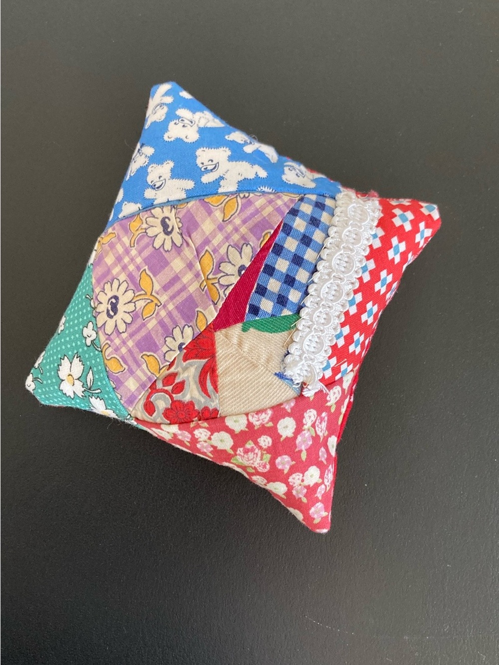 Hand Crafted Patchwork Pin Cushion in Blue, Red, Purple, Green